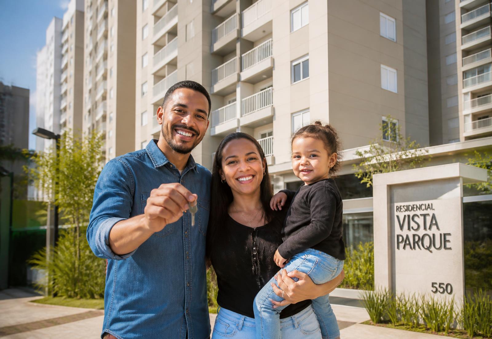 Família recebendo as chaves de um apartamento novo em São Paulo pelo Minha Casa Minha Vida